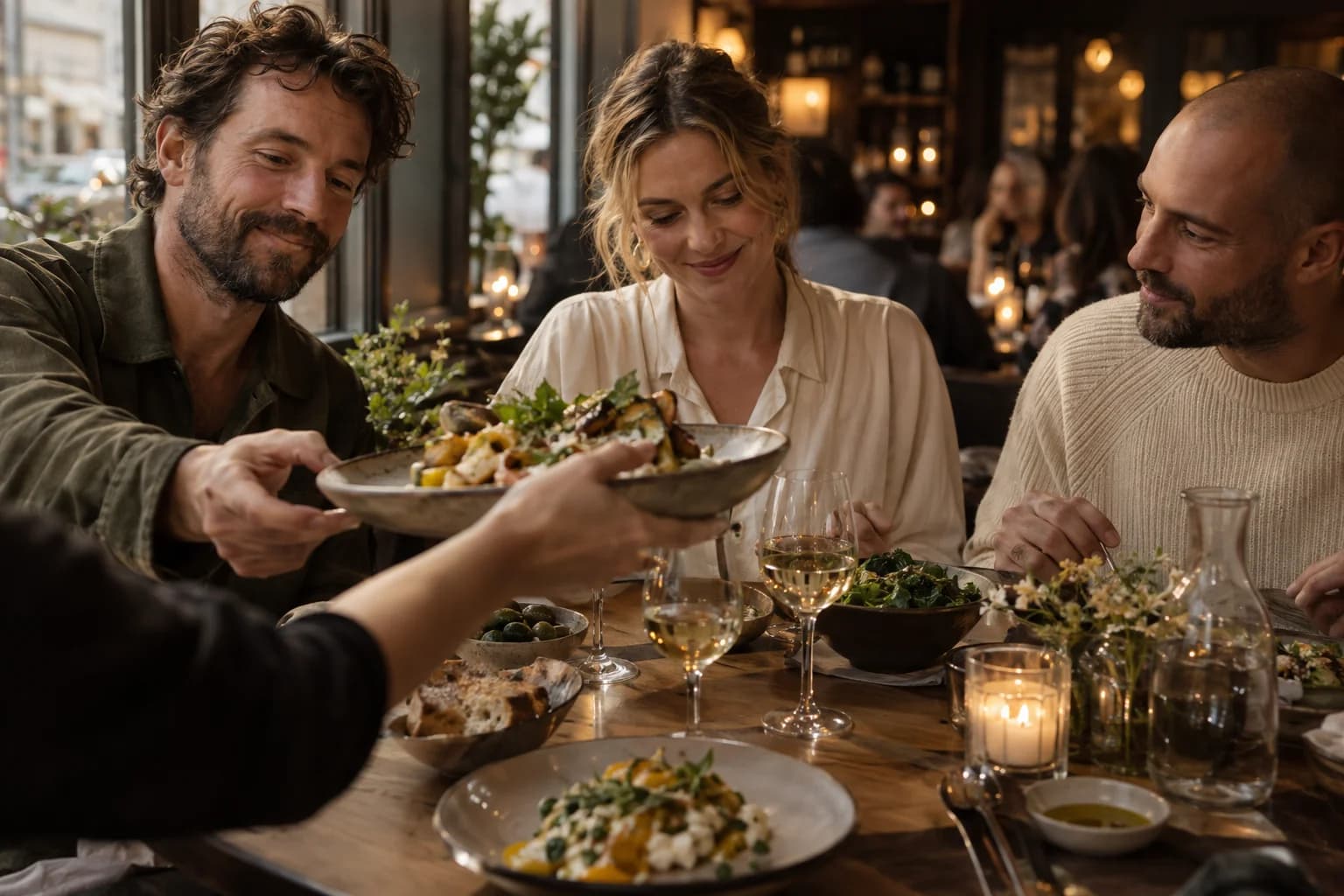 Venner deler god mad omkring et bord i en varmt oplyst restaurant