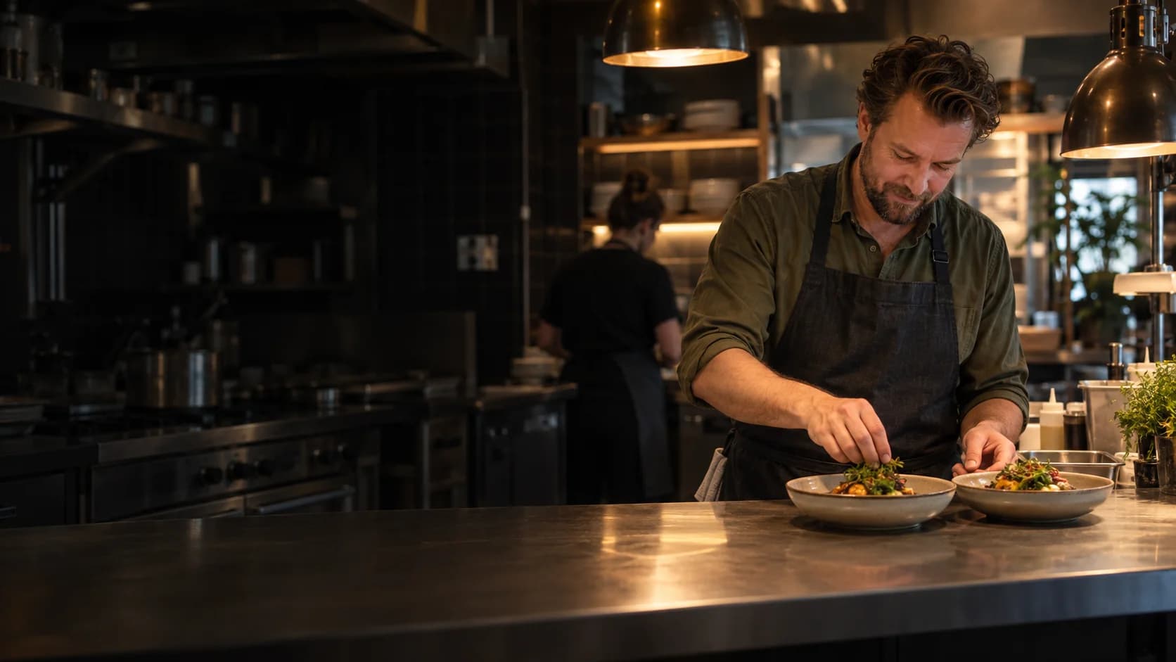 Restaurantejer anretter to retter i et varmt oplyst restaurantkøkken